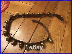 Antique Brass Acorn Sleigh Bells On A Leather Strap. 18