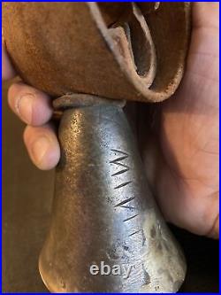 Antique Brass Animal Cow Sheep Goat Farm Bell with Leather Strap, Signed/Star Mark