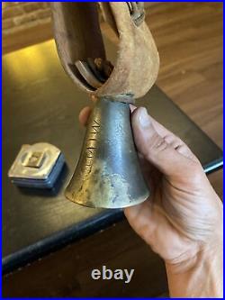 Antique Brass Animal Cow Sheep Goat Farm Bell with Leather Strap, Signed/Star Mark