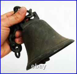 Antique Brass Bell Primitive Farm Cow Hanging Chain Green Patina Vintage
