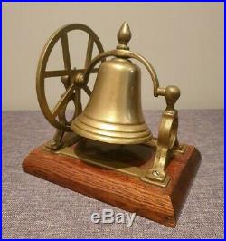 Antique Brass Desk Bell on Wooden Plinth with Hand Wheel (Hotel Desk Counter)