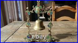 Antique Brass Enamel Bird Flower Gong Bell Hammer Stand 9