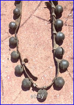 Antique Brass Engraved Sleigh Bells Numbered Original Strap 8Ft Long 24 Bells