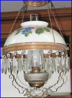 Antique Brass HANGING OIL LAMP with Grape Pattern HP SHADE & SMOKE BELL -Complete