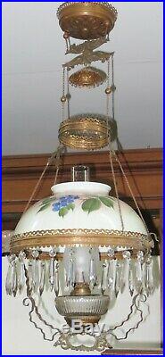 Antique Brass HANGING OIL LAMP with Grape Pattern HP SHADE & SMOKE BELL -Complete