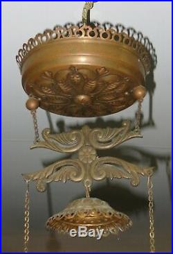 Antique Brass HANGING OIL LAMP with Grape Pattern HP SHADE & SMOKE BELL -Complete