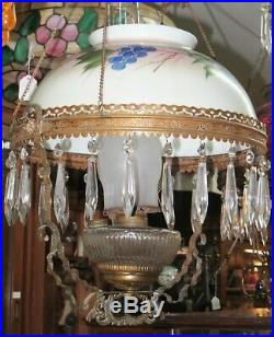 Antique Brass HANGING OIL LAMP with Grape Pattern HP SHADE & SMOKE BELL -Complete