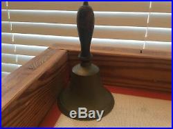 Antique Brass Hand Bell With Wooden Handle-Large Old Teachers Bell 8 1/2 Tall