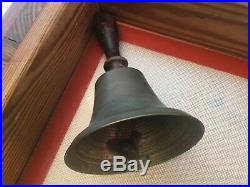 Antique Brass Hand Bell With Wooden Handle-Large Old Teachers Bell 8 1/2 Tall