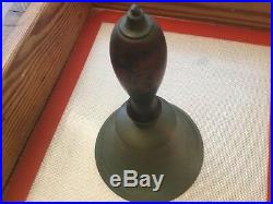 Antique Brass Hand Bell With Wooden Handle-Large Old Teachers Bell 8 1/2 Tall