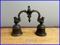 Antique, Brass, Handcrafted, Handheld, Double Bell Ghanti with3 Nandi Figurines. India