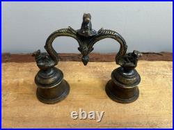 Antique, Brass, Handcrafted, Handheld, Double Bell Ghanti with3 Nandi Figurines. India