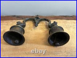 Antique, Brass, Handcrafted, Handheld, Double Bell Ghanti with3 Nandi Figurines. India