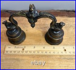 Antique, Brass, Handcrafted, Handheld, Double Bell Ghanti with3 Nandi Figurines. India