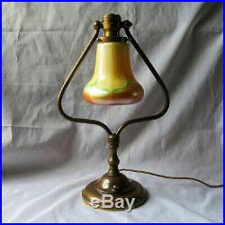 Antique Brass Harp Lamp-Quezal Pull Feather Art Glass Bell Shade Simple but So