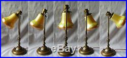 Antique Brass Harp Lamp-Quezal Pull Feather Art Glass Bell Shade Simple but So