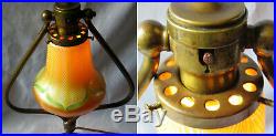 Antique Brass Harp Lamp-Quezal Pull Feather Art Glass Bell Shade Simple but So