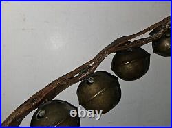 Antique Brass Heavy Sleigh Bells On Leather Strap 19 Bells