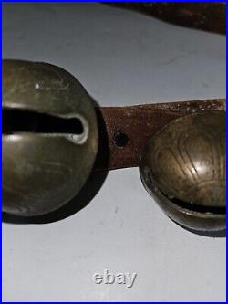 Antique Brass Heavy Sleigh Bells On Leather Strap 19 Bells