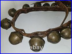 Antique Brass Heavy Sleigh Bells On Leather Strap 19 Bells