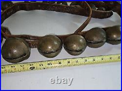 Antique Brass Heavy Sleigh Bells On Leather Strap 19 Bells