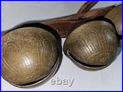 Antique Brass Heavy Sleigh Bells On Leather Strap 19 Bells