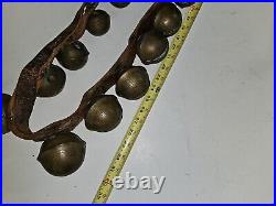 Antique Brass Heavy Sleigh Bells On Leather Strap 19 Bells