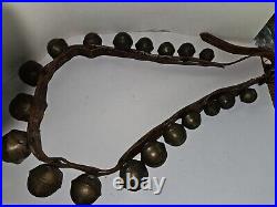 Antique Brass Heavy Sleigh Bells On Leather Strap 19 Bells