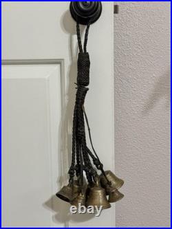 Antique Brass Horse Harness Bells Braided Leather Strap 1800's Primitive Sleigh