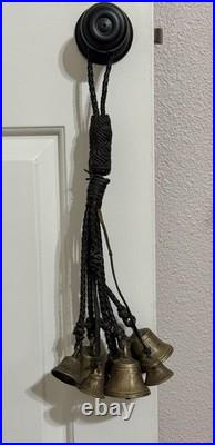 Antique Brass Horse Harness Bells Braided Leather Strap 1800's Primitive Sleigh
