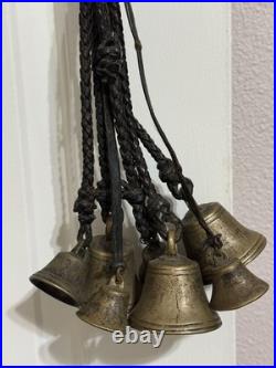 Antique Brass Horse Harness Bells Braided Leather Strap 1800's Primitive Sleigh