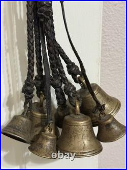 Antique Brass Horse Harness Bells Braided Leather Strap 1800's Primitive Sleigh