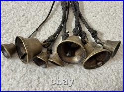 Antique Brass Horse Harness Bells Braided Leather Strap 1800's Primitive Sleigh