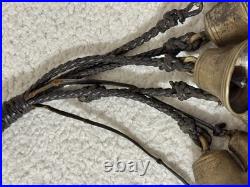 Antique Brass Horse Harness Bells Braided Leather Strap 1800's Primitive Sleigh