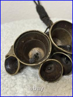 Antique Brass Horse Harness Bells Braided Leather Strap 1800's Primitive Sleigh