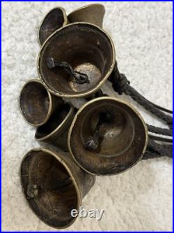 Antique Brass Horse Harness Bells Braided Leather Strap 1800's Primitive Sleigh