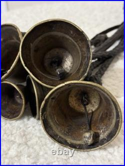 Antique Brass Horse Harness Bells Braided Leather Strap 1800's Primitive Sleigh