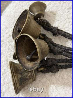 Antique Brass Horse Harness Bells Braided Leather Strap 1800's Primitive Sleigh