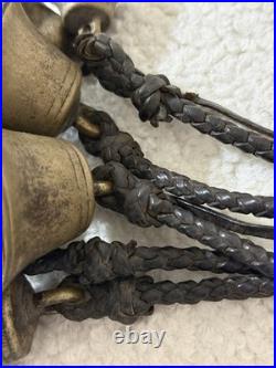 Antique Brass Horse Harness Bells Braided Leather Strap 1800's Primitive Sleigh