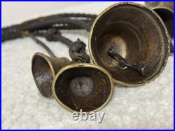 Antique Brass Horse Harness Bells Braided Leather Strap 1800's Primitive Sleigh