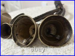Antique Brass Horse Harness Bells Braided Leather Strap 1800's Primitive Sleigh