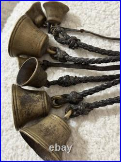 Antique Brass Horse Harness Bells Braided Leather Strap 1800's Primitive Sleigh