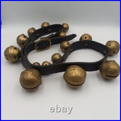 Antique Brass Horse Sleigh Bells 60Leather Strap 15 Graduated Petal Shank Bells