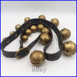 Antique Brass Horse Sleigh Bells 60Leather Strap 15 Graduated Petal Shank Bells