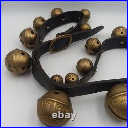 Antique Brass Horse Sleigh Bells 60Leather Strap 15 Graduated Petal Shank Bells