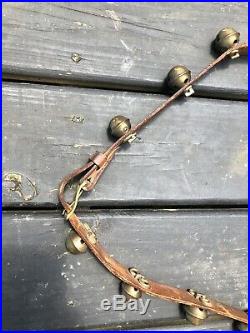 Antique Brass Horse Sleigh Bells 7.5 On Leather Strap Some Numbered Bells