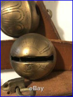 Antique Brass Horse Sleigh Bells 7.5 On Leather Strap Some Numbered Bells