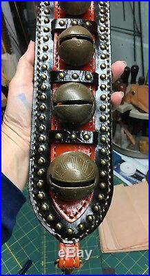 Antique Brass Horse Sleigh Bells Jingle Door Hanger Studded Brown Leather Strap