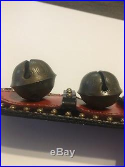 Antique Brass Horse Sleigh Bells Jingle Door Hanger Studded Brown Leather Strap