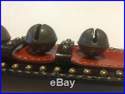 Antique Brass Horse Sleigh Bells Jingle Door Hanger Studded Brown Leather Strap